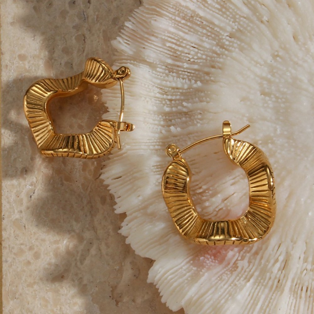 Organic Textured Wave Shape Hoop Earrings 18K Gold PVD Plated Stainless Steel - Picture 11 of 13